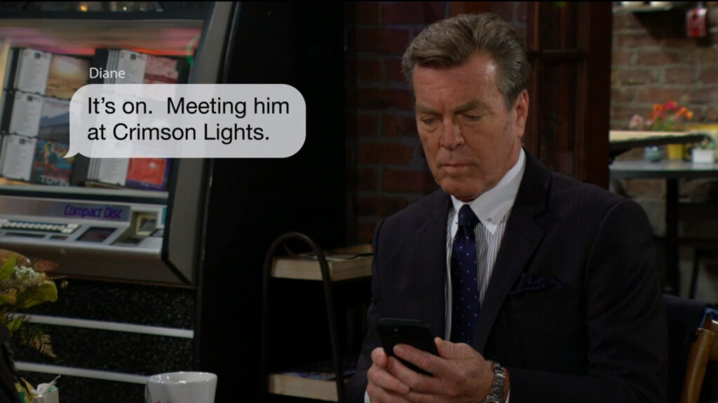 Jack reads a text message from Diane saying, "It's on. Meeting him at Crimson Lights."