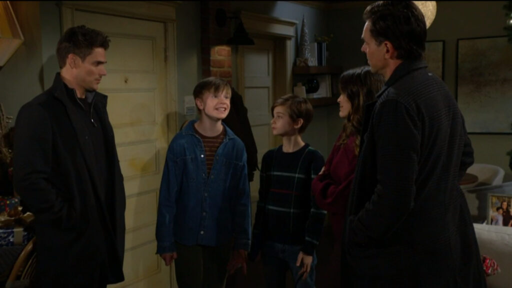 Connor asks his dad, Adam, whether Johnny can join them for dinner, while Billy and Chelsea look on.