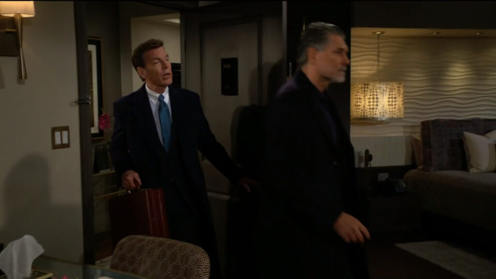 Jeremy Stark and Jack Abbott enter Jeremy's hotel suite. Jeremy looks angry.