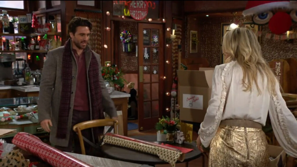 Chance shows up to the holiday-decorated Crimson Lights to see Sharon there