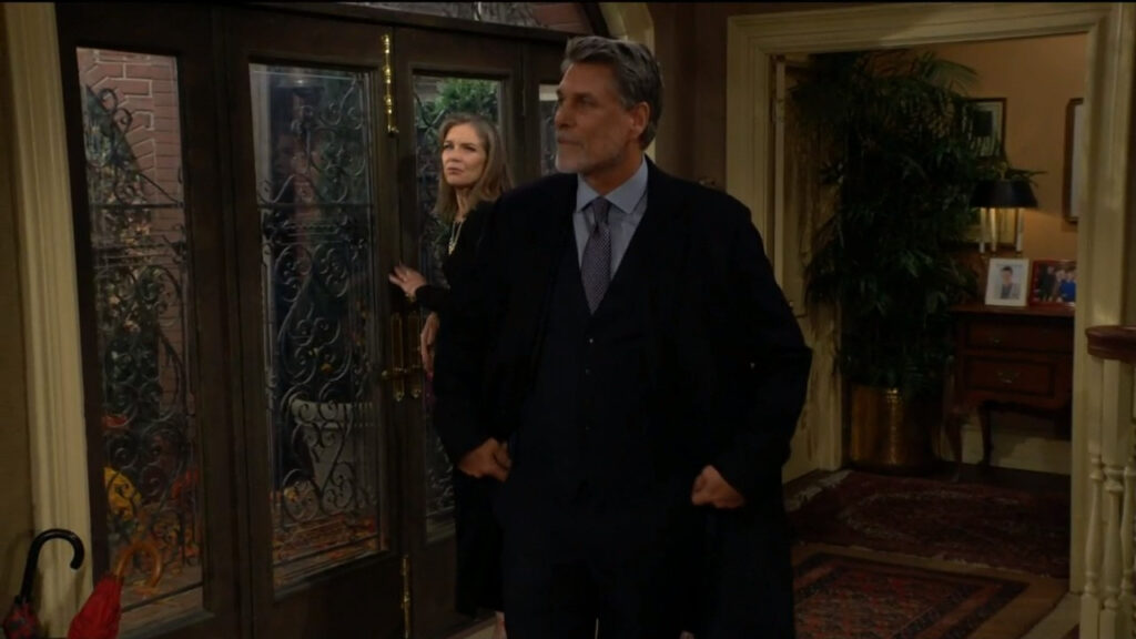 Jeremy Stark butts past a startled Diane Jenkins into the Abbott mansion - Young and Restless Spoilers