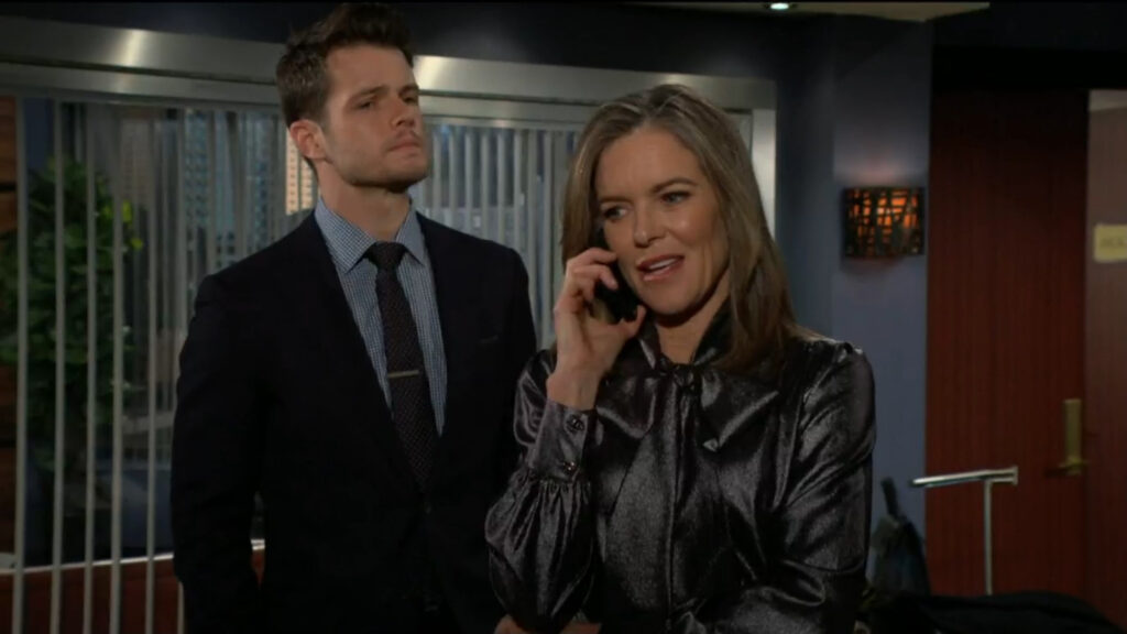 Kyle and Diane are in the lobby of Jabot. Diane takes a call from Jeremy Stark