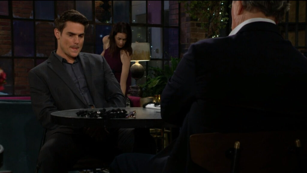 Adam pulls a face while he talks to his father, Victor Newman