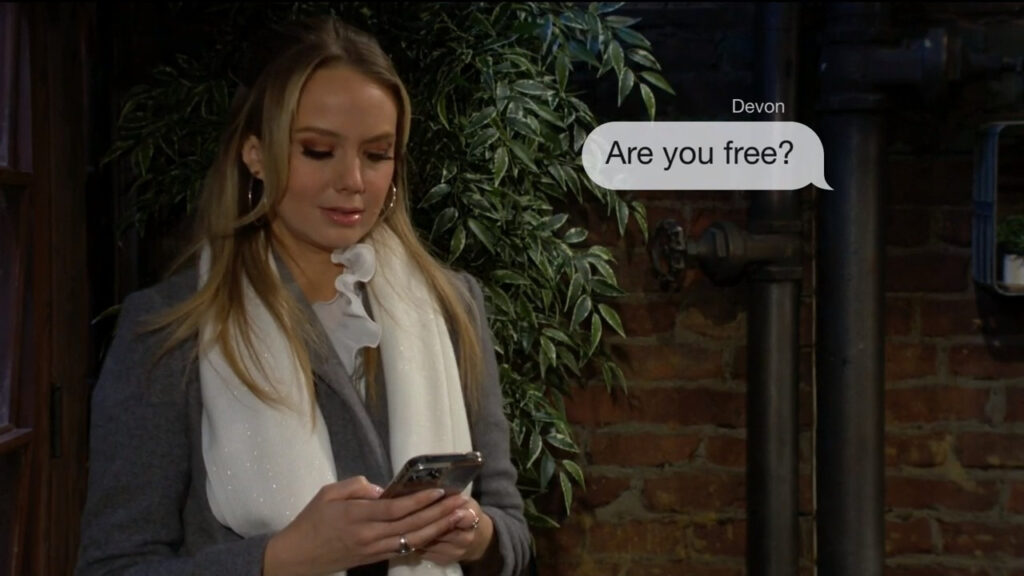 Abby gets a text from Devon as she's leaving the coffee shop. "Are you free?"