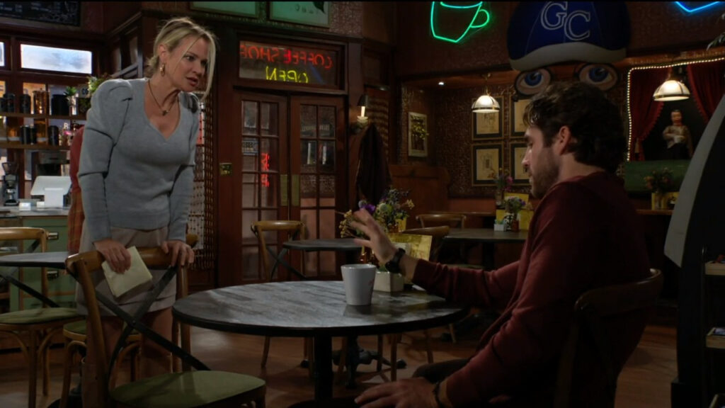 Sharon talks with Chance in the coffee shop