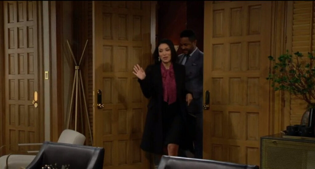 Audra and Nate enter his office, talking