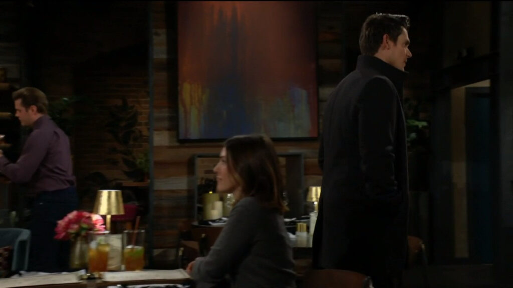 Adam leaves Sally and Chloe at the table and heads to the bar