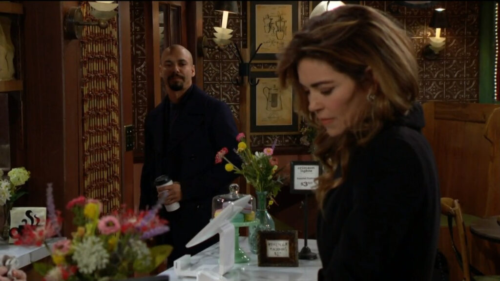 Victoria orders a coffee while Devon leaves the shop