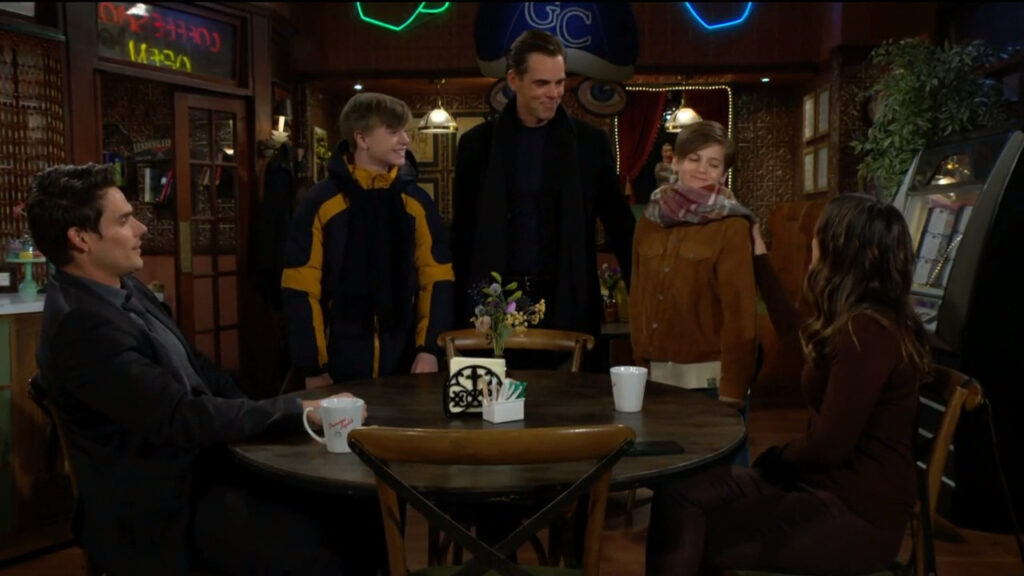 Billy comes into the coffee shop with Connor and Johnny and talk with Adam and Chelsea