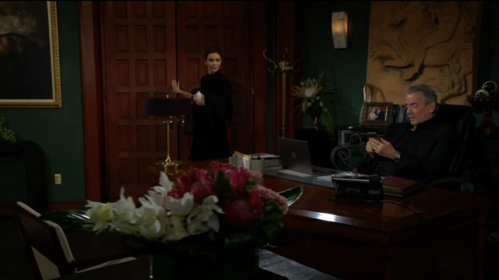 Victoria comes into Newman Enterprises's offices. Victor is sitting behind the desk.