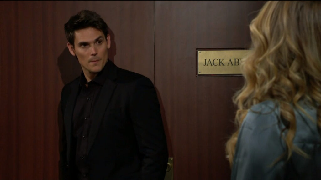 Adam reacts as Summer confronts him listening at Jack's office door