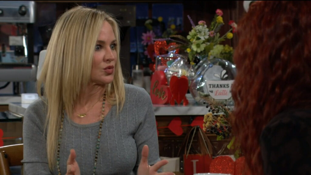 Sharon gestures as she talks with Sally