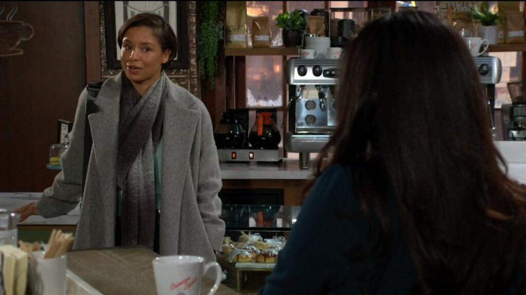 Elena talks to Audra in the coffee shop
