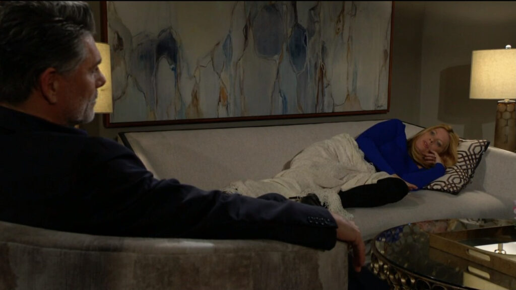 Phyllis wakes up on the couch in Jeremy's hotel room