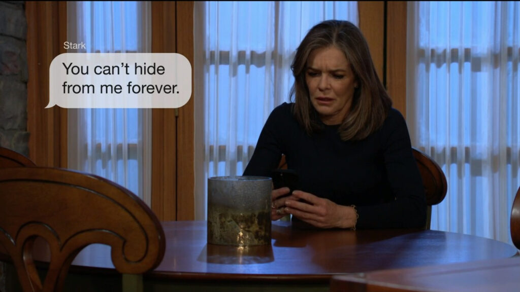 Diane gets a text message from Jeremy Stark. "You can't hide from me forever."