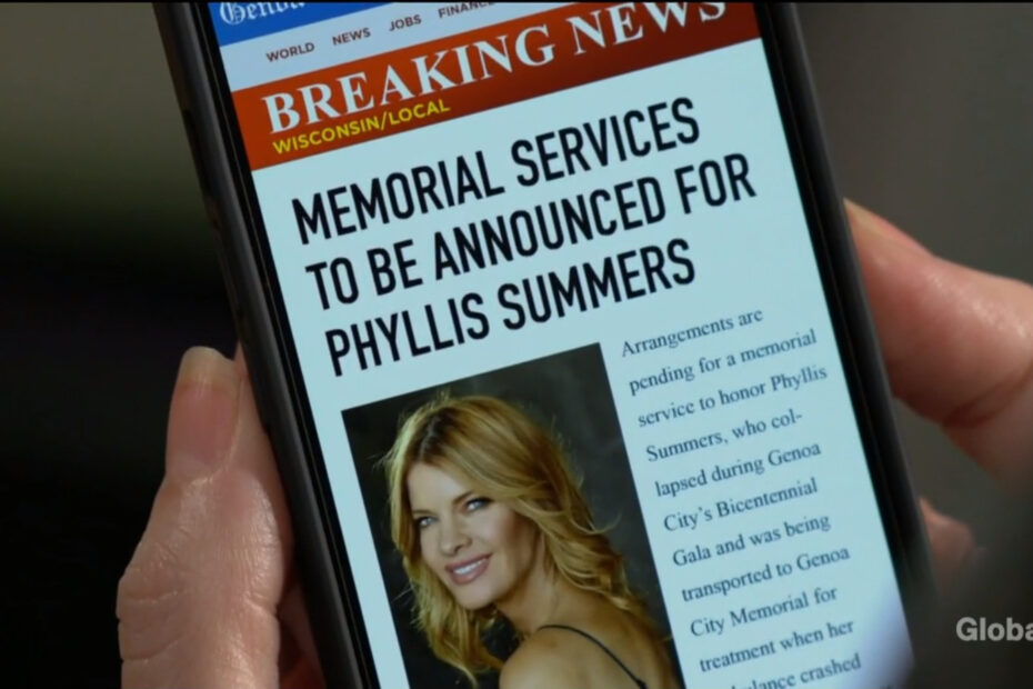 Phyllis's phone shows an article about a memorial service for her.