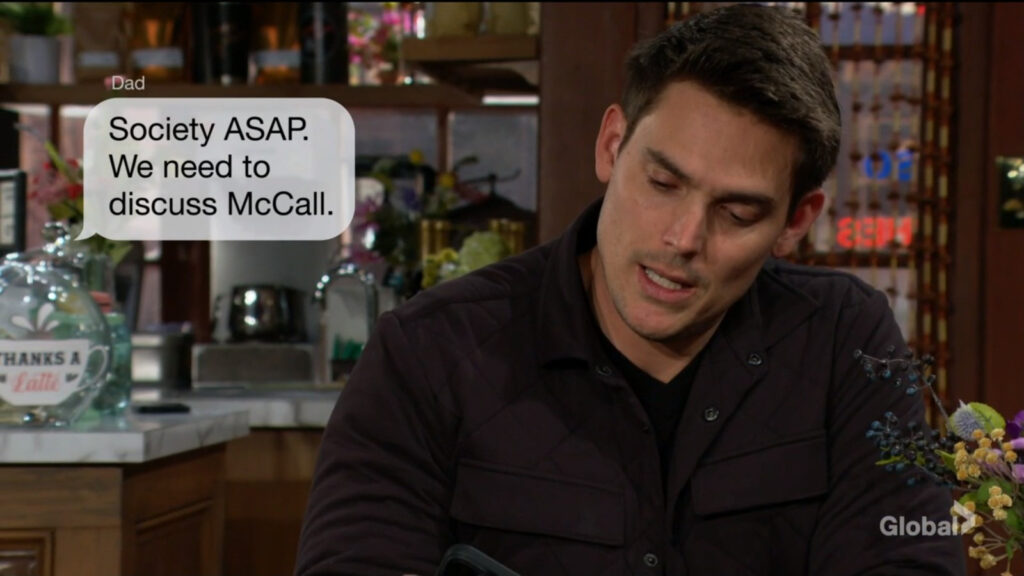 Adam gets a text from Victor: "Society ASAP. We need to discuss McCall."
