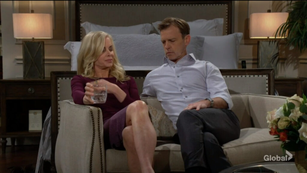 Tucker sits on the sofa beside Ashley as they talk