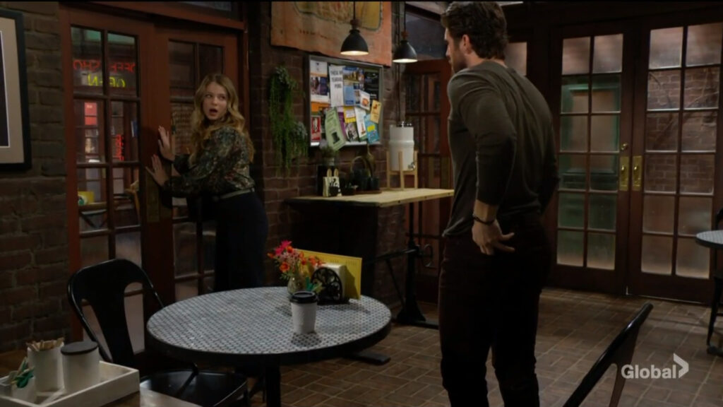 Summer closes the door to the rest of the coffee shop as she talks with Chance