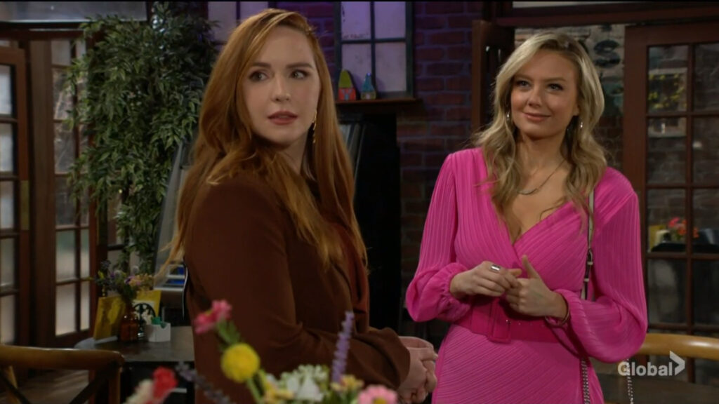 Mariah and Abby look at Sharon as they talk