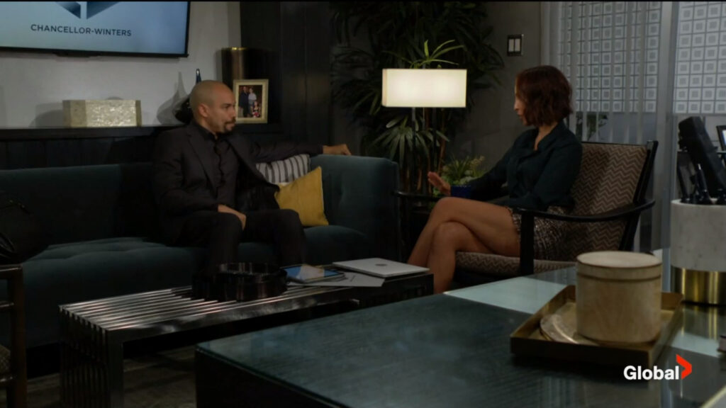 Devon and Lily sit in the offices at CW, talking