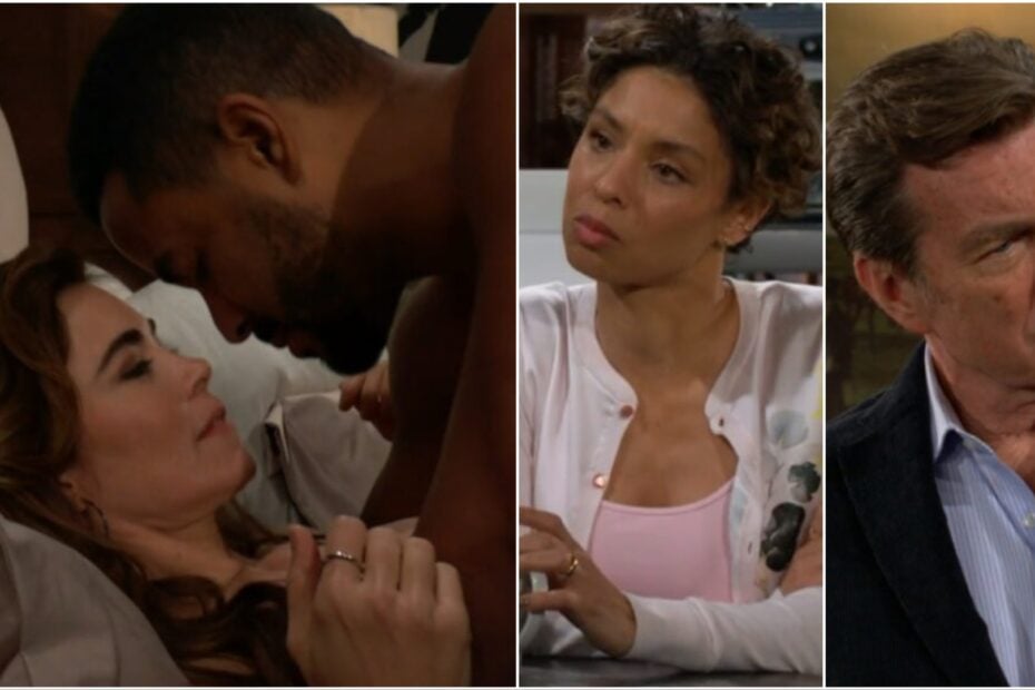 A collage of Nate and Victoria in bed, Elena looking upset, and Jack being angry at Tucker.