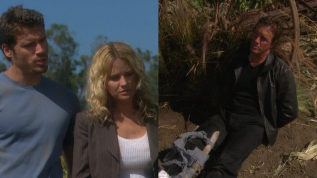 Nick and Sharon look at Cameron, who's laying on the ground hurt with a splint on his leg in a field.