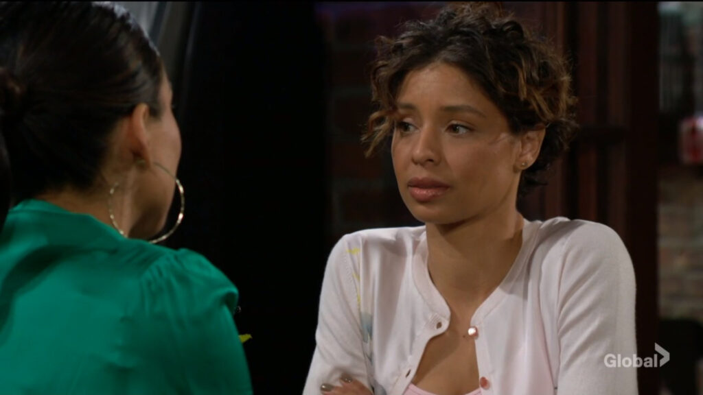 Elena talks with Audra while they sit in the coffee shop.