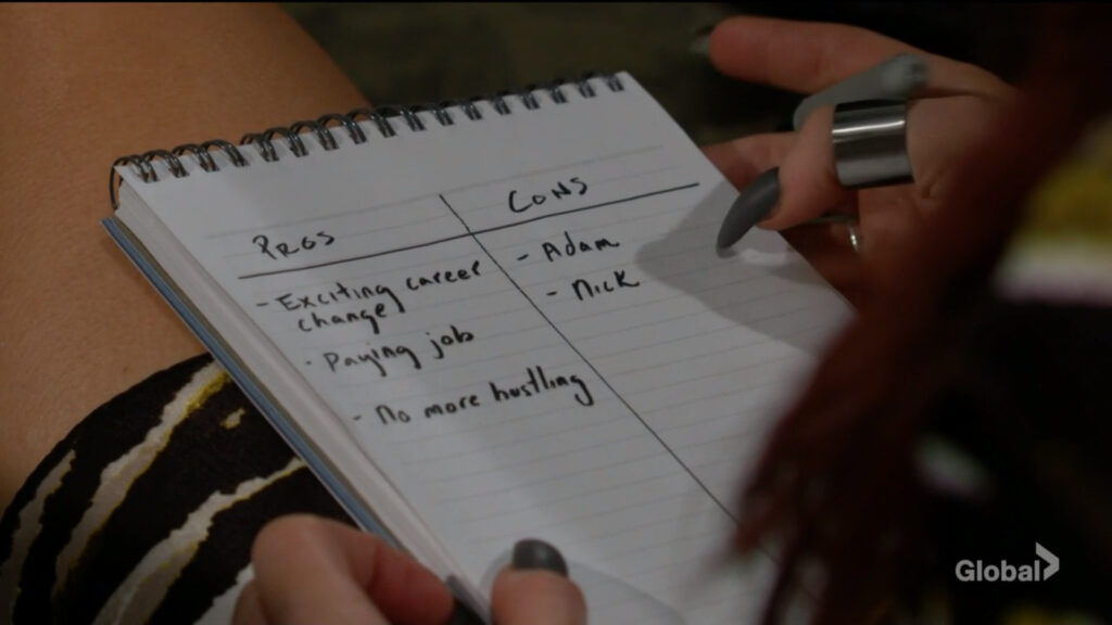 Sally's Notepad, written on it: "Pros: Exciting career change, paying job, no more hustling. Cons: Adam, Nick."
