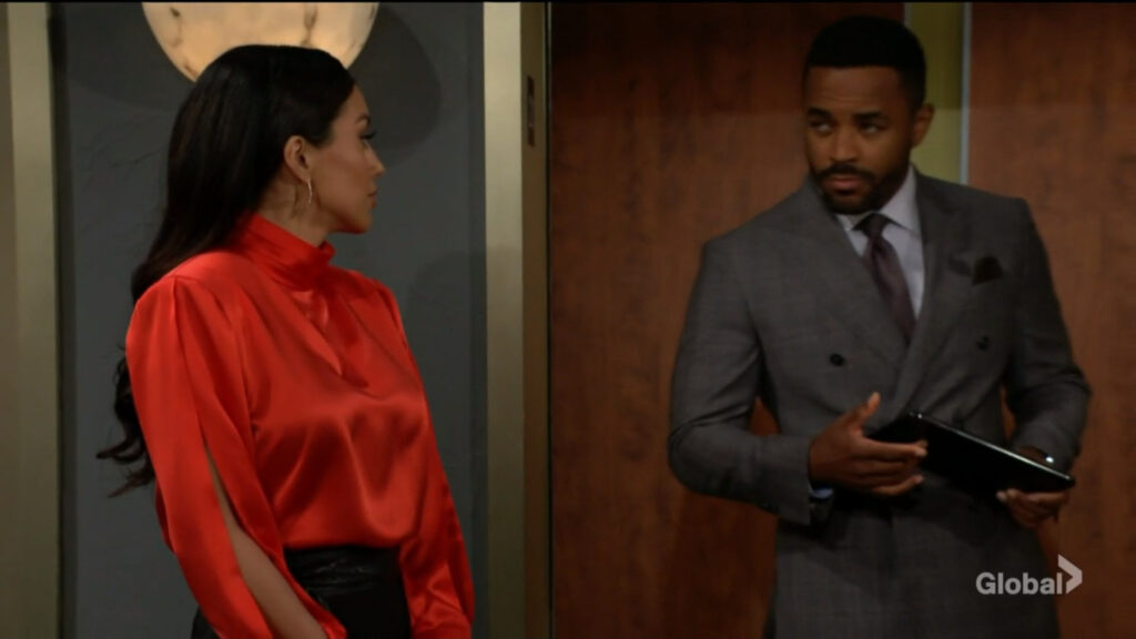 Audra looks at Nate and smiles as he gets off the elevator.