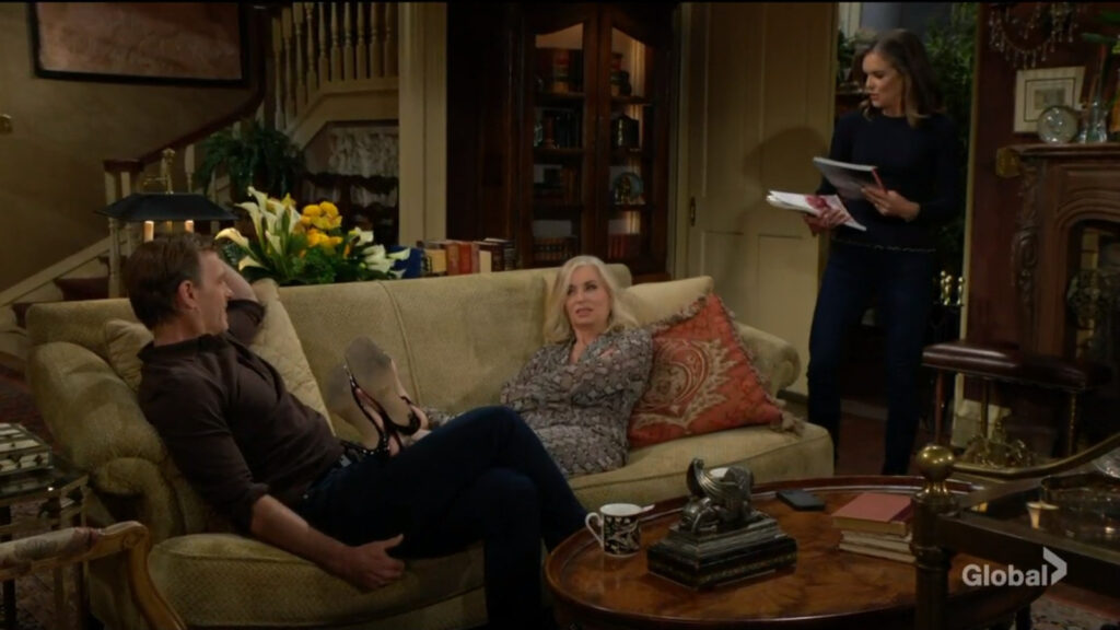 Diane looks through some bridal catalogs as she talks with Ashley and Tucker.
