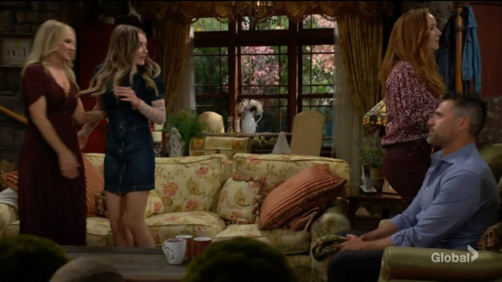Faith and Sharon hug as Faith and Mariah go to leave while Nick sits looking on.