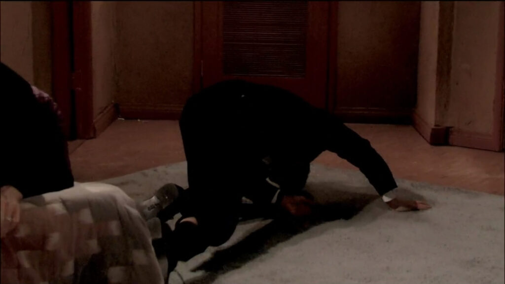 Sharon kicks Cameron and he stumbles and falls to the floor.