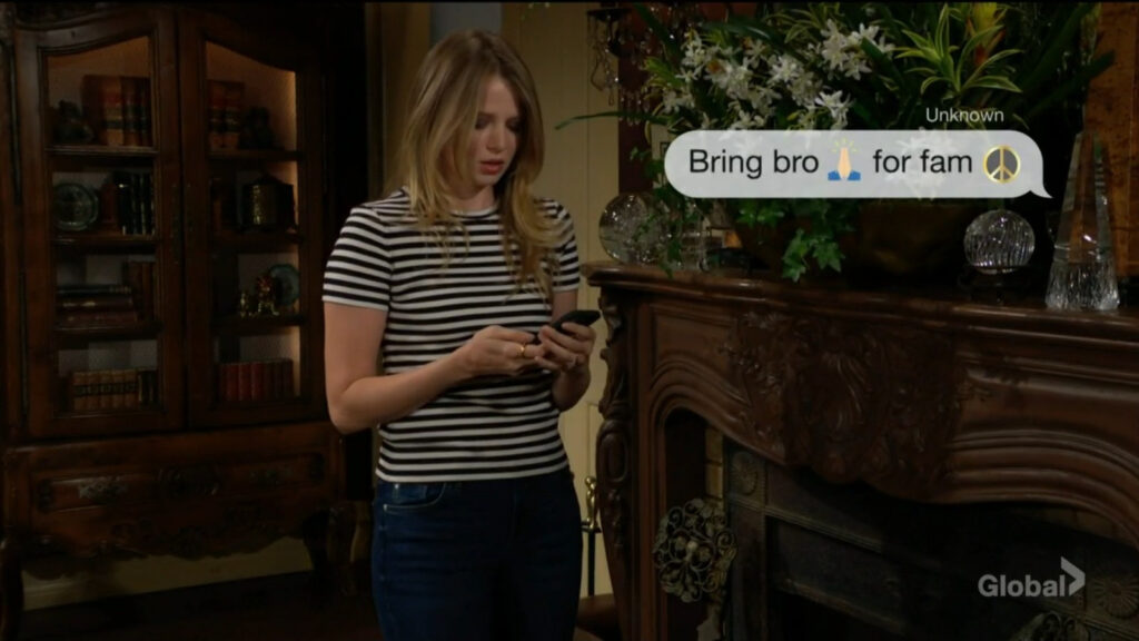 Summer gets a text message from Phyllis saying to "Bring brother for family peace."