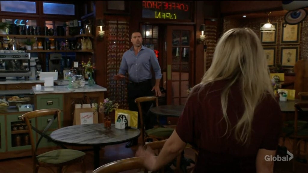 Nick comes into the coffee shop and scares Sharon.