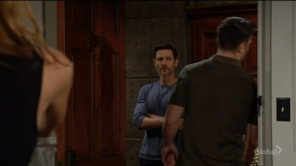 Kyle leaves Phyllis's hotel room with Summer following after. Daniel stands in the hallway and watches them leave.