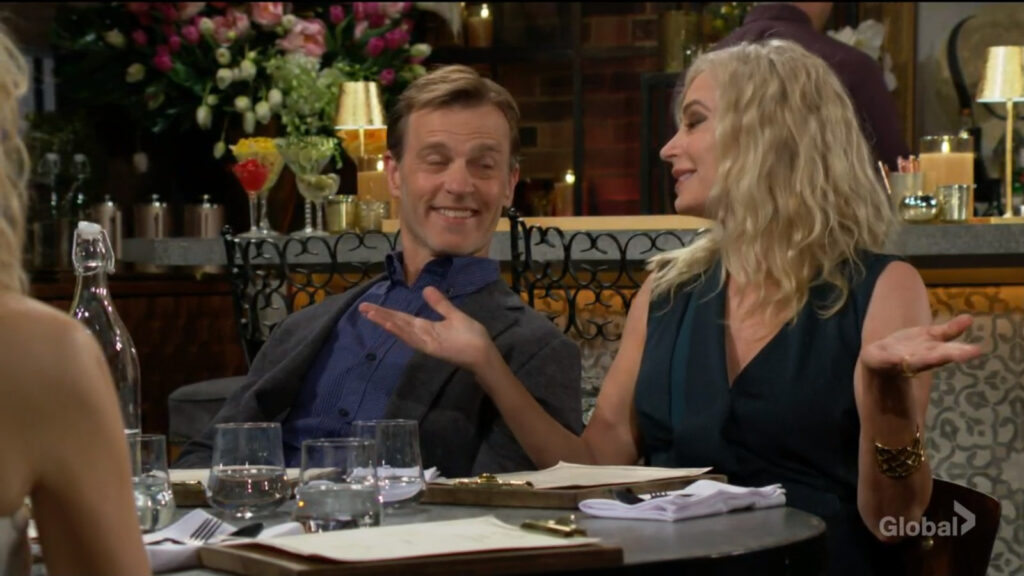 Ashley holds out her hands and Tucker smiles as they talk with Devon and Abby.