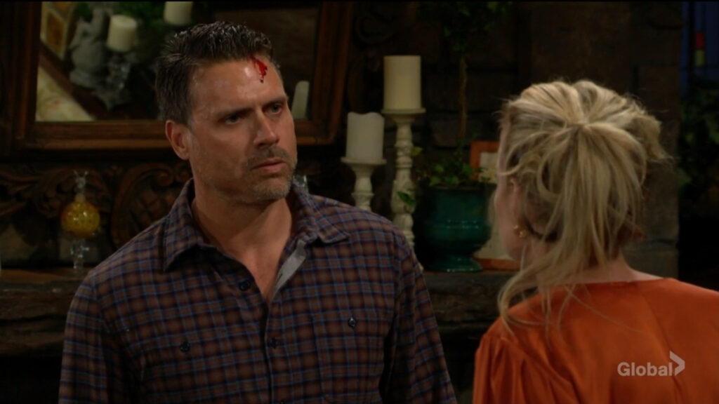 A bloodied Nick talks with Sharon.