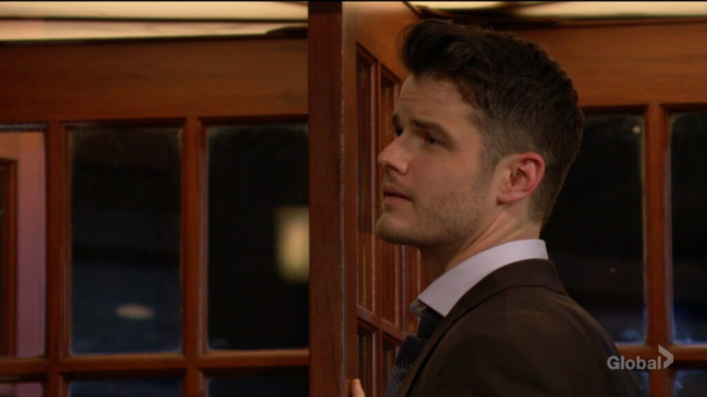 Kyle looks as Audra walks up the stairs, giving him the eye.
