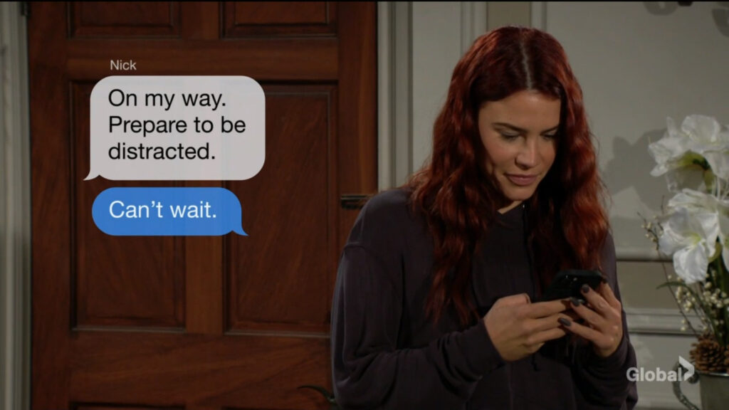 Nick messages Sally. "On my way. Prepare to be distracted." Sally responds, "Can't wait."