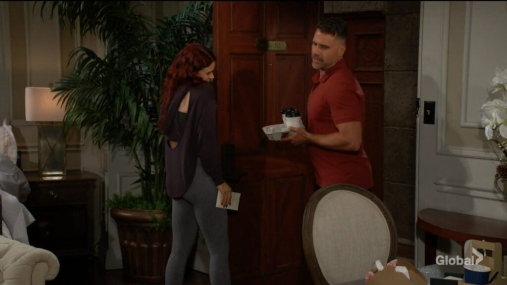 Nick walks into Sally's suite.