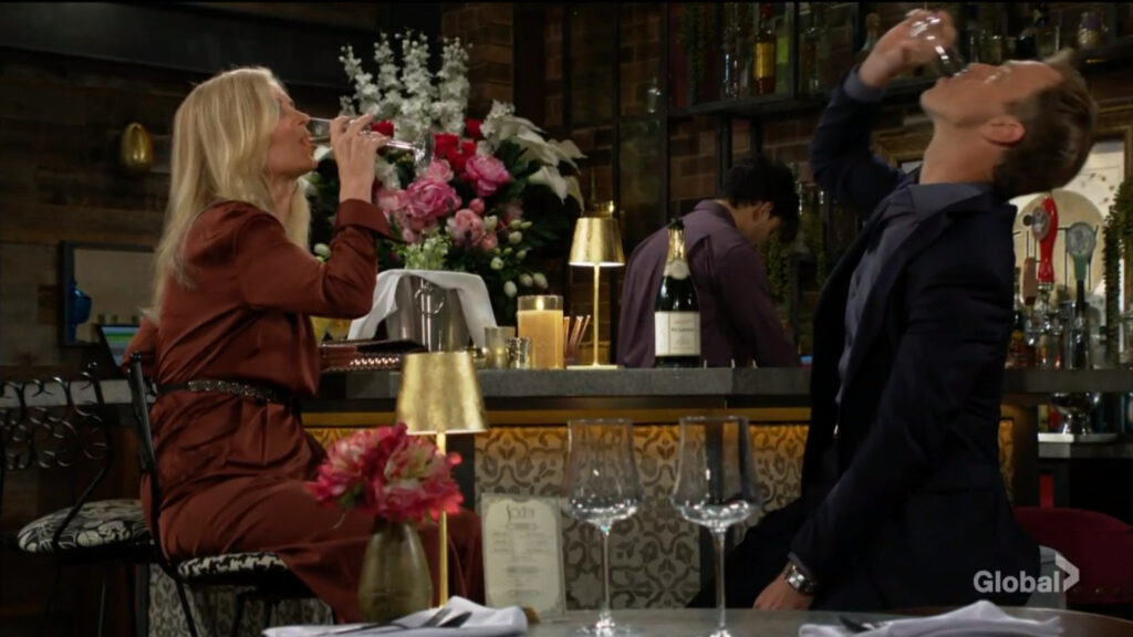 Ashley and Tucker drain their wine glasses.