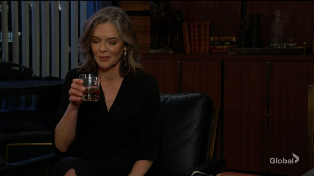Diane takes a drink as she talks with Billy.