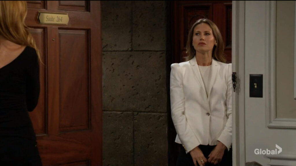 Phyllis answers the door to find Heather waiting there.