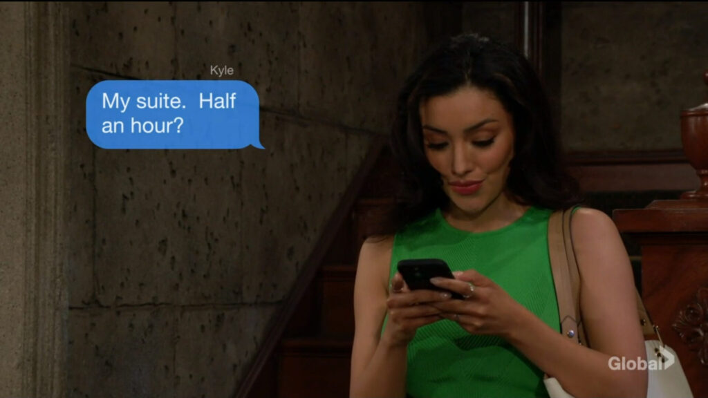 Audra sends Kyle a message. "My suite. Half an hour?"
