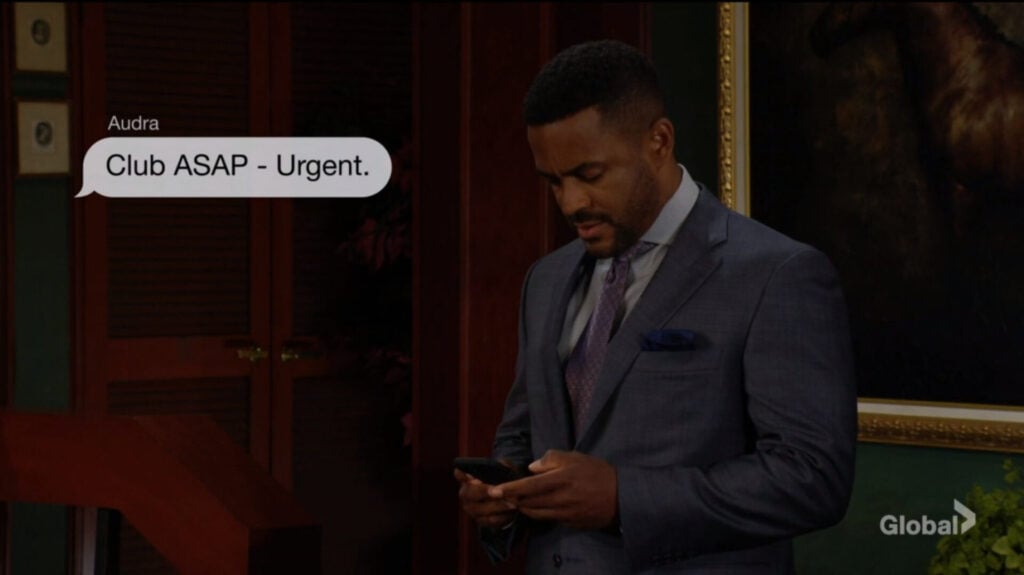 Nate gets a text from Audra. "Club ASAP. Urgent."