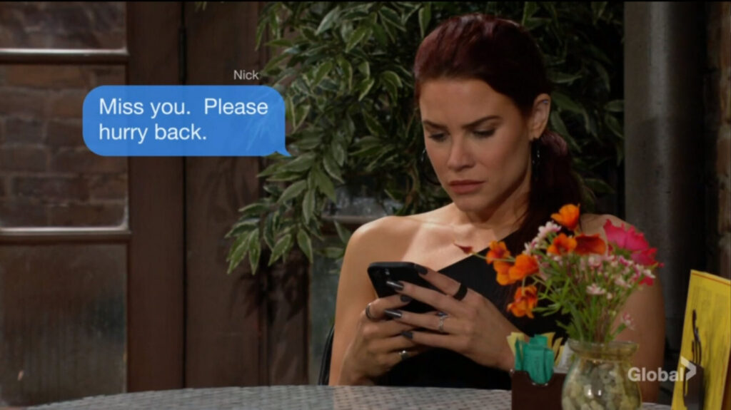 Sally messages Nick. "Miss you. Please hurry back."
