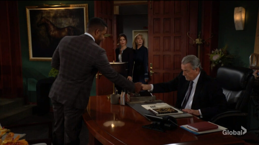 Nate shakes Victor's hand as Victoria and Nikki walk in.