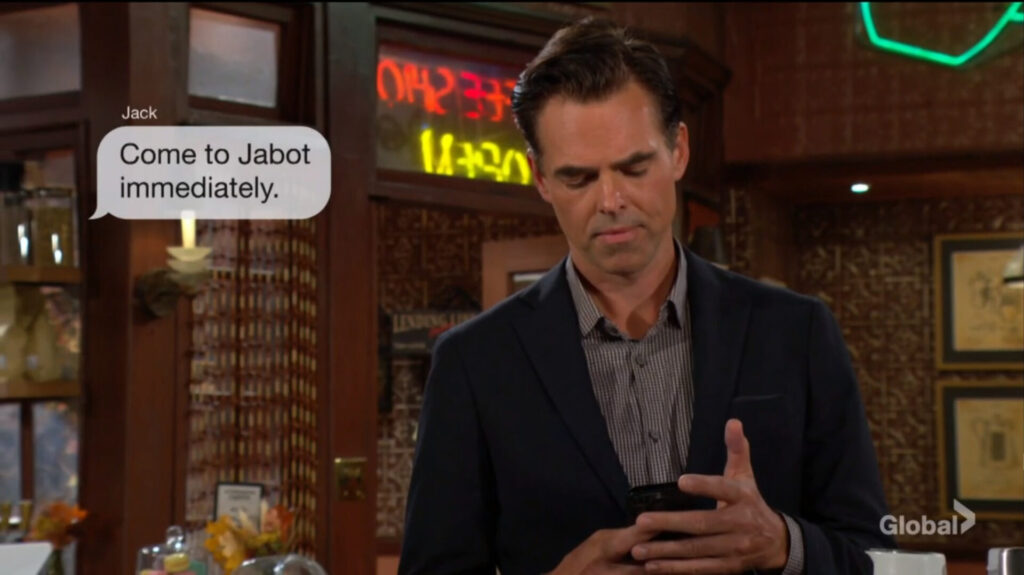 Billy gets a text from Jack. "Come to Jabot immediately."