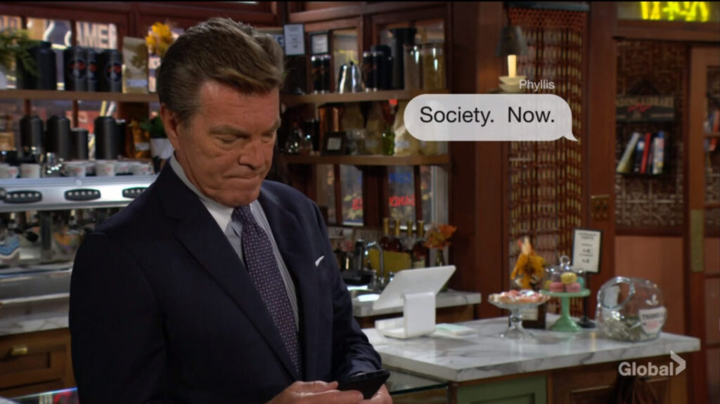 Jack texts Phyllis. "Society. Now."